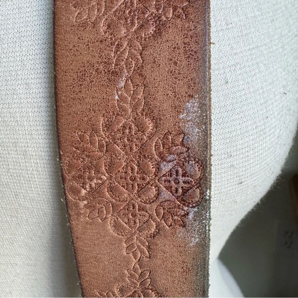 Vintage‎ Tooled Leather Floral Belt Western Boho Rustic Buckle Tan - Image 4
