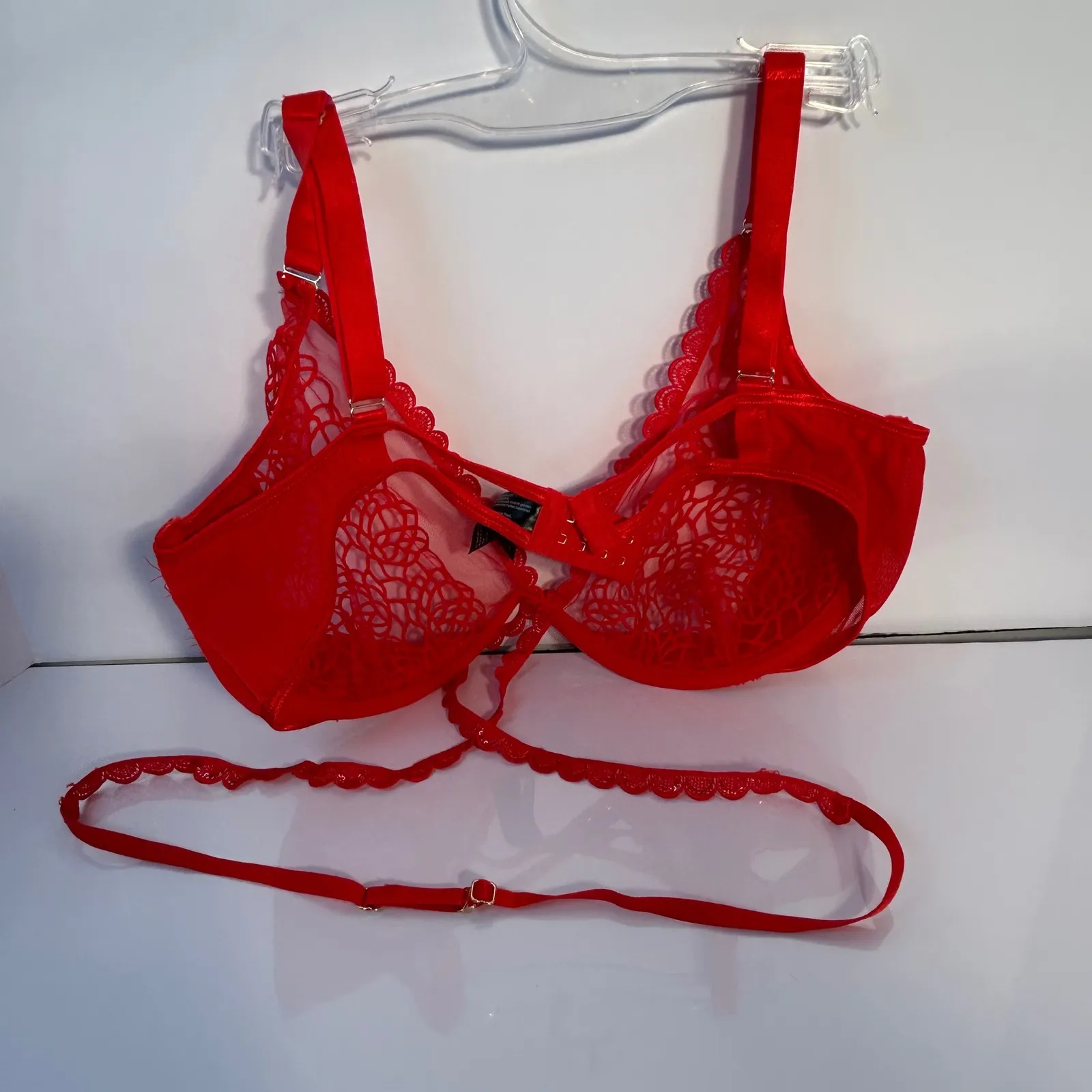 Ann Summers Red Lace Trim Balconette Bra Eyelash Trim Straps Size XL Strappy - Image 3