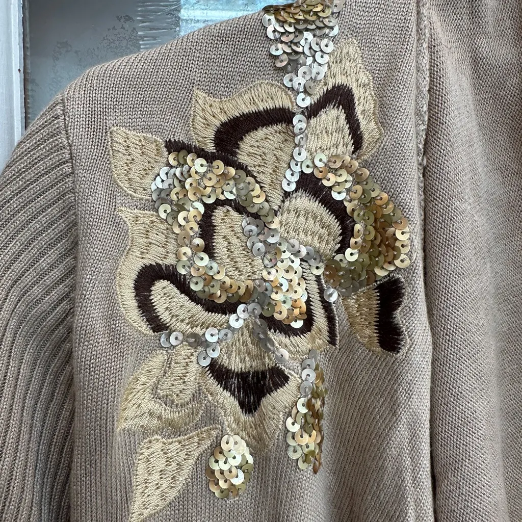 Vintage Cache Knit Silk Blend Tan Cardigan Gold Sequin Floral Embroidery Size S - Image 3