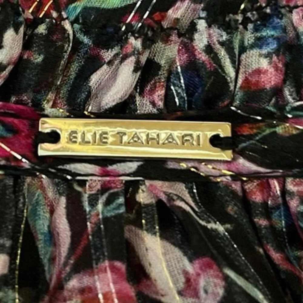 Elie Tahari Venisia Multicolor Silk Metallic Floral Pleated Plisse Blouse Top XS - Image 4