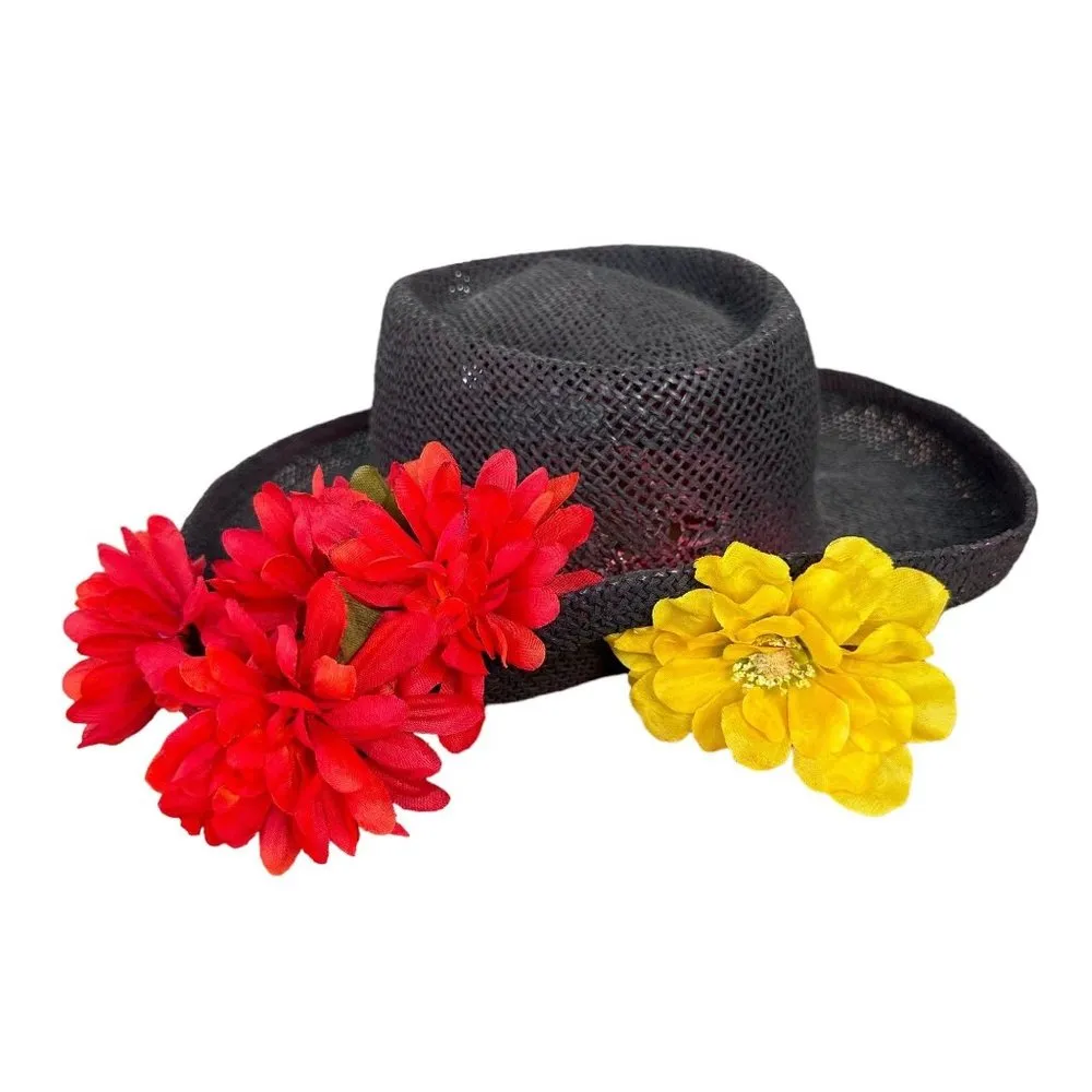 VTG The Scala Collection Black Straw Weave Hat Flower Embellishments Cru… - Image 2