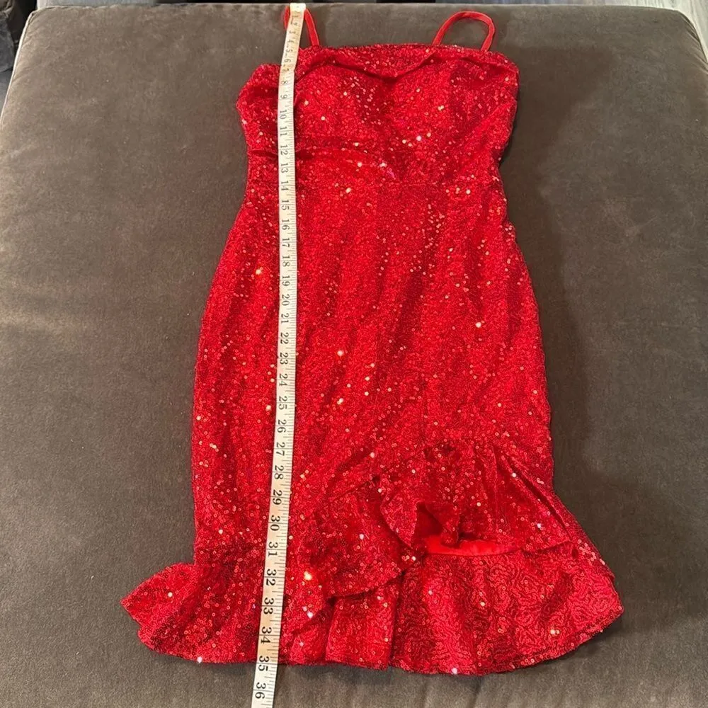 Women’s Red Sequined Short Homecoming Party Dress Ruffle Hem Corset Back Size 2 - Image 8
