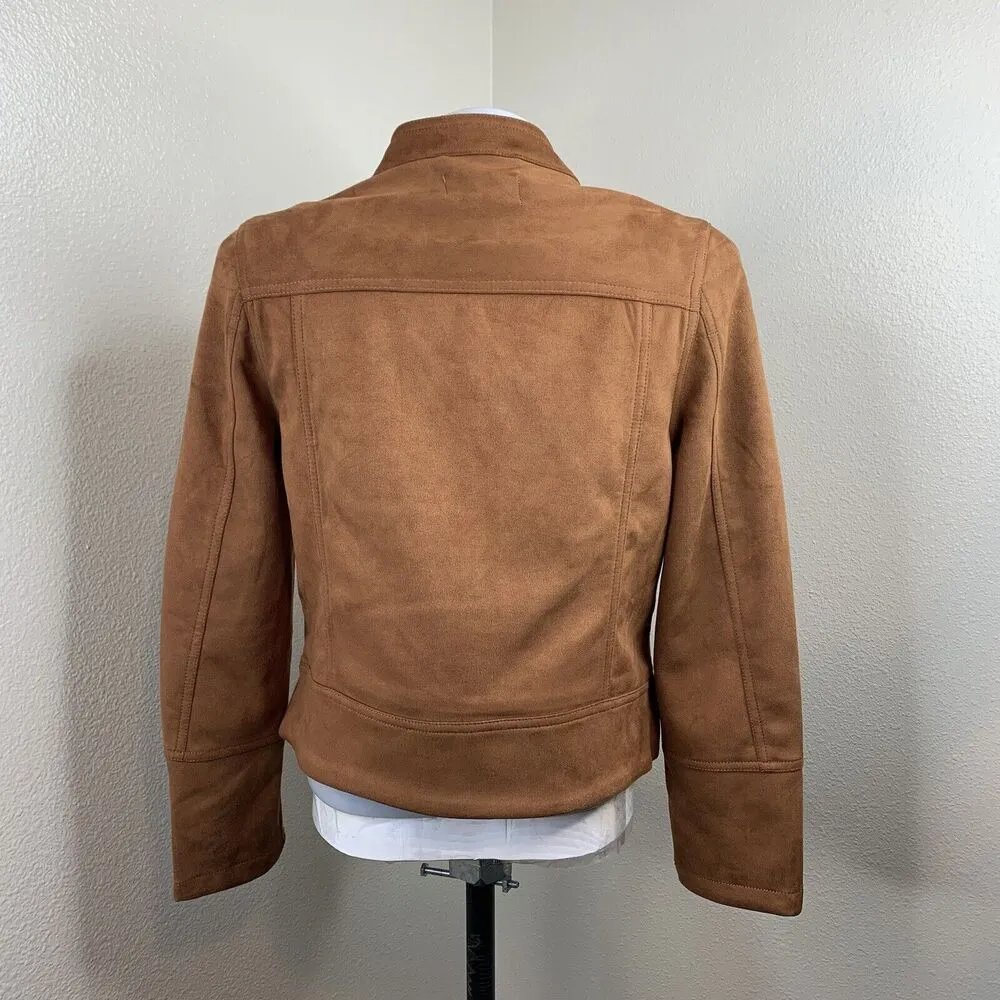 and Co Jacket Womens Sz S Cognac Brown Suede Biker Buckle Asymmetrical Zip - Image 6