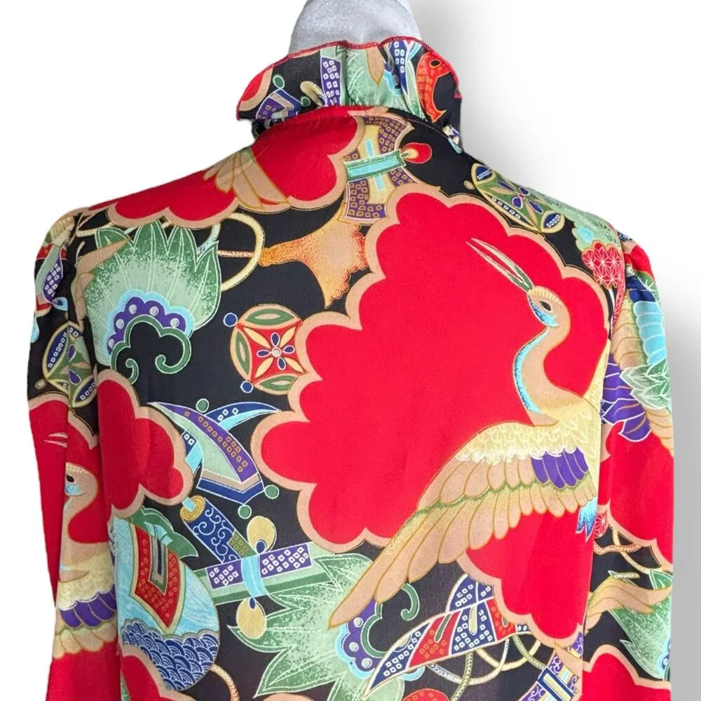 Vintage 90s Crane Print Dress Red Black Floral Asian Semi Sheer Long Sleeve - Image 8