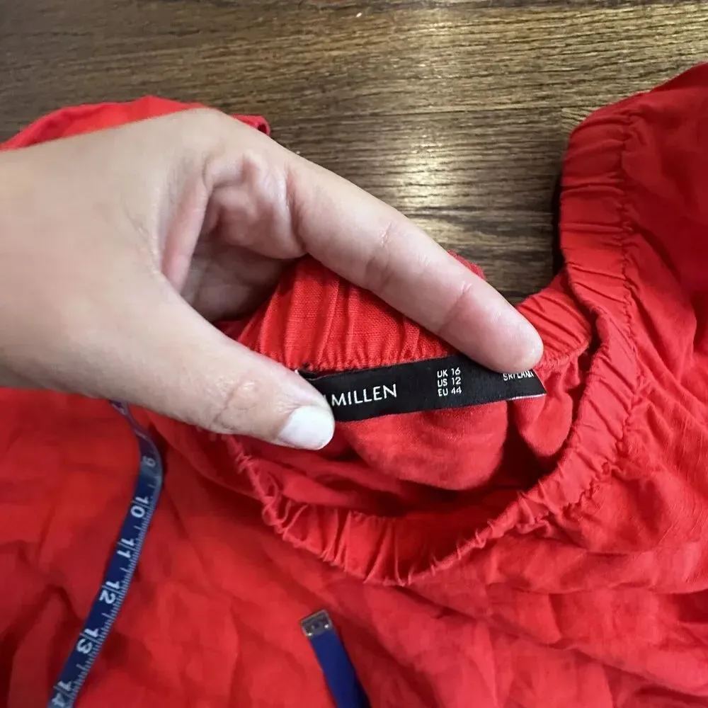 Karen Millen Size US 12 Red Linen Blend Shirt EUC Tie Sleeves Off Shoulder N0867 - Image 6