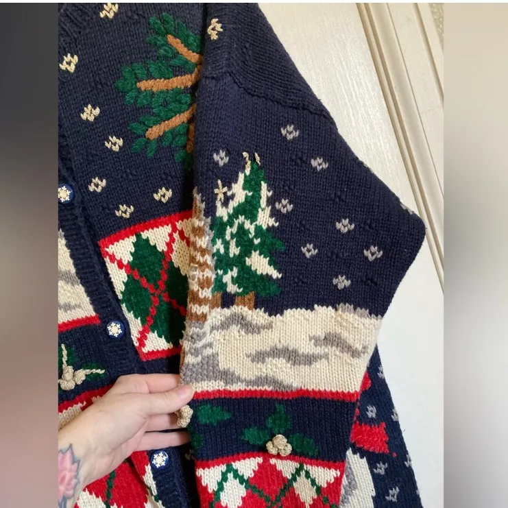 PBJ Sport Vintage Navy Ugly Christmas Ramie Blend Button Up Cardigan Sweater Blue Size L - Image 6