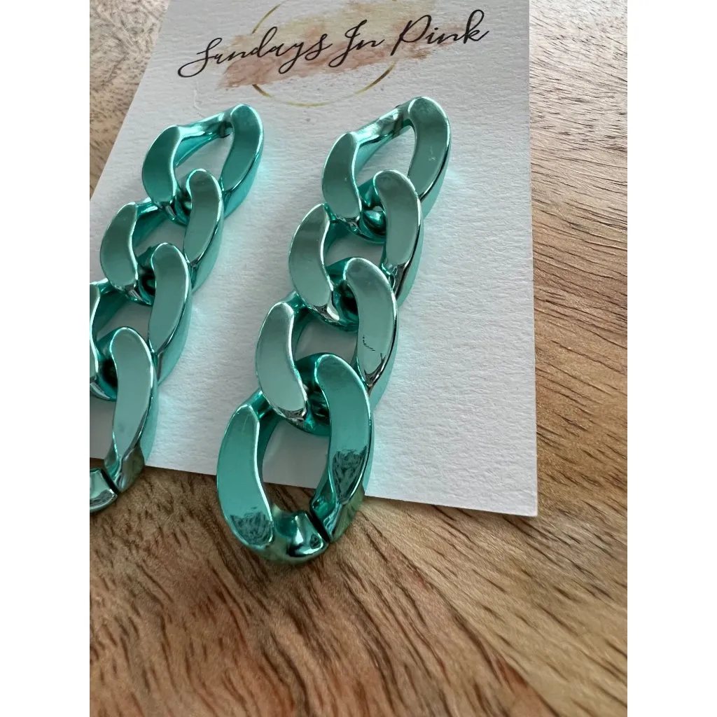 TEAL Aqua Metallic Chain Link Earrings NEW Blue - Image 3