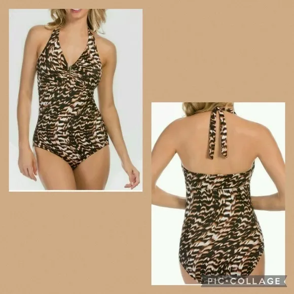 NWT Aqua Green Brown Animal Print High Back Low Thigh 1 Piece Swimsuit Medium - Image 2