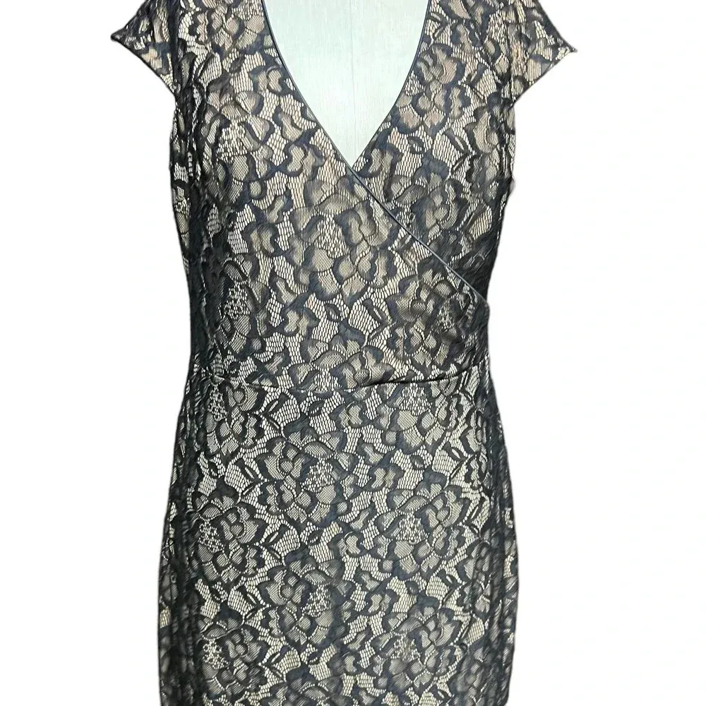 Dress The Population Cap Sleeve Faux Wrap Lace Dress Black Nude‎ Size L - Image 3