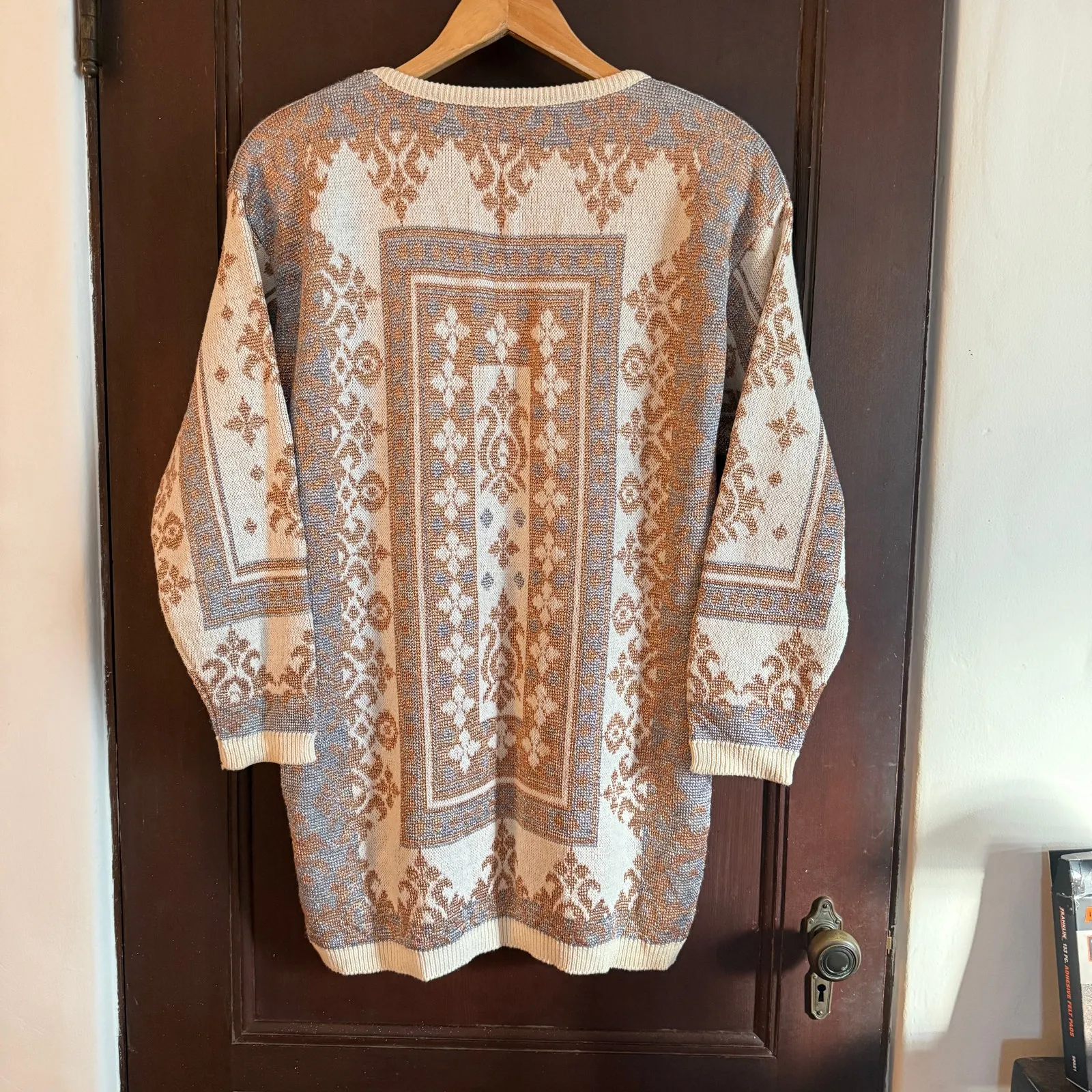 90s Vintage | Express | Metallic Silver and Gold Patterned Sweater Tunic Medium - Image 2
