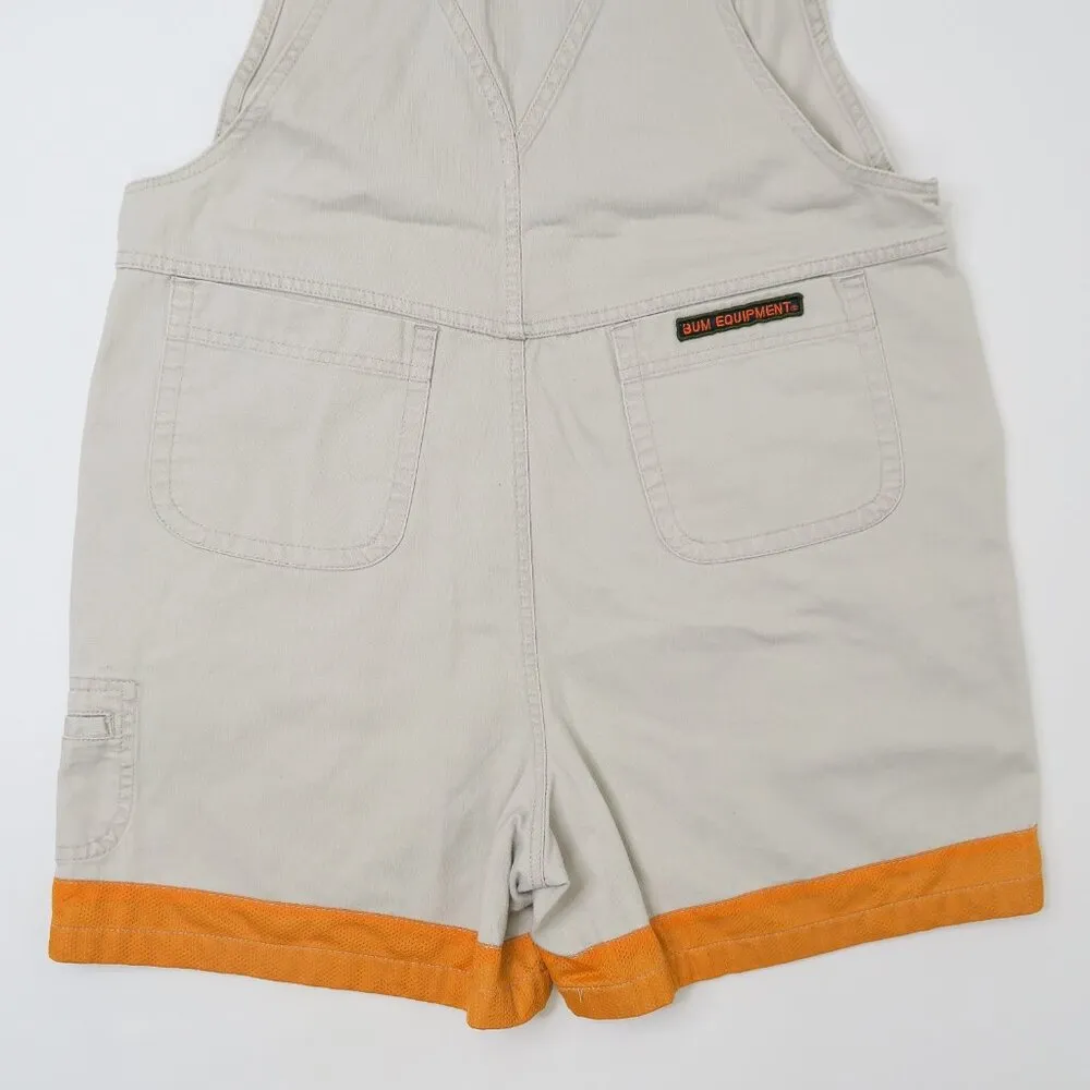 Vintage 90s Bum Equipment Jeans Khaki & Orange Denim Overall Shorts Tan Size M - Image 11