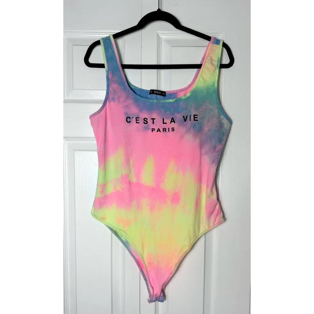 SHEIN C’est La Vie Sorbet Rainbow Tie Dye Bodysuit Tank Top Scoop Neck XL - Image 3