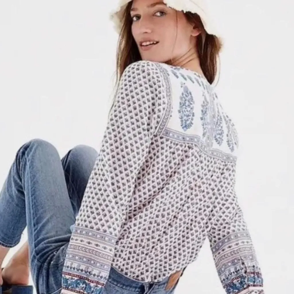 J. Crew White Blue Burgundy Block Floral Print Cotton Tie Front Tunic Top Sz 00 - Image 13