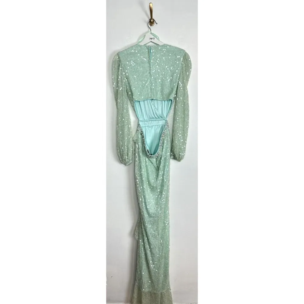 MAC DUGGAL Sequined Faux Wrap Cut Out Puff Sleeve Gown in Soft Mint Size US 4 - Image 8