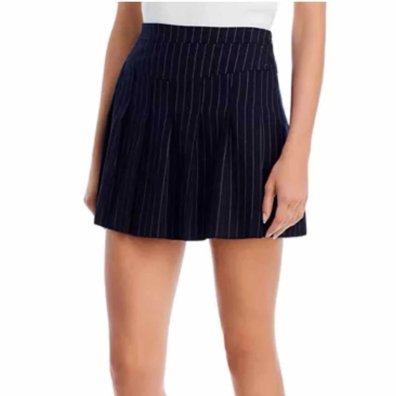 Avec Les Filles Pleated Beige Navy Pinstripe Mini Skirt Size XS - Image 9