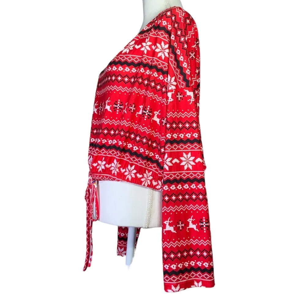 Christmas Crop Top Holiday Tee Blouse Shirt Long Sleeve Stretchy Red White 1XL - Image 5