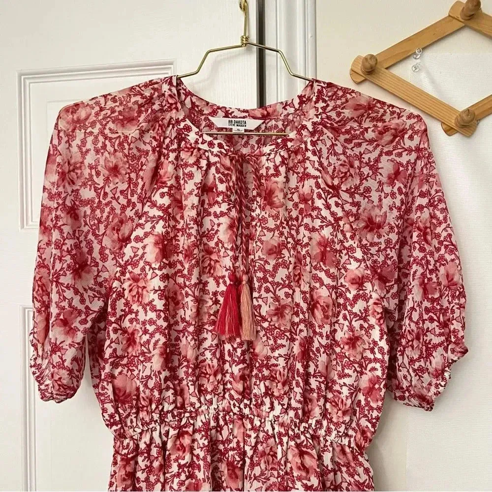 BB Dakota Steve Madden Size Small Flounce Red Floral Dress Mini Raglan Sleeve - Image 6