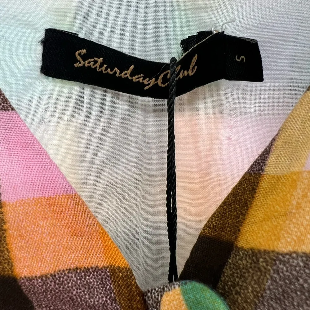 Saturday Club S plaid sleeveless dress ruffle bow pastel cotton casual concert Black - Image 8