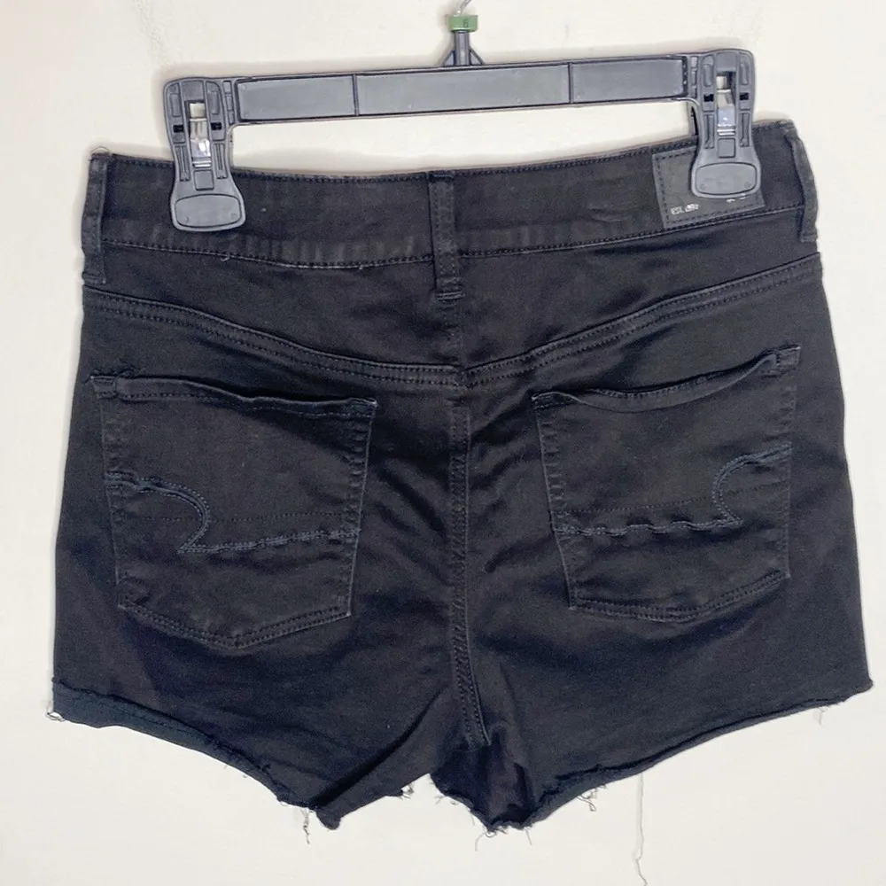American Eagle sateen hi-rise shorties fringed hem in black - Image 2