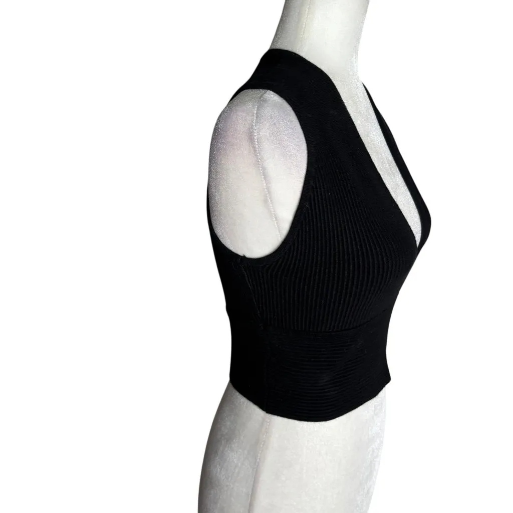 House Of Harlow 1960 Ribbed Sleeveless Crop Top Medium Black Deep V - Image 5