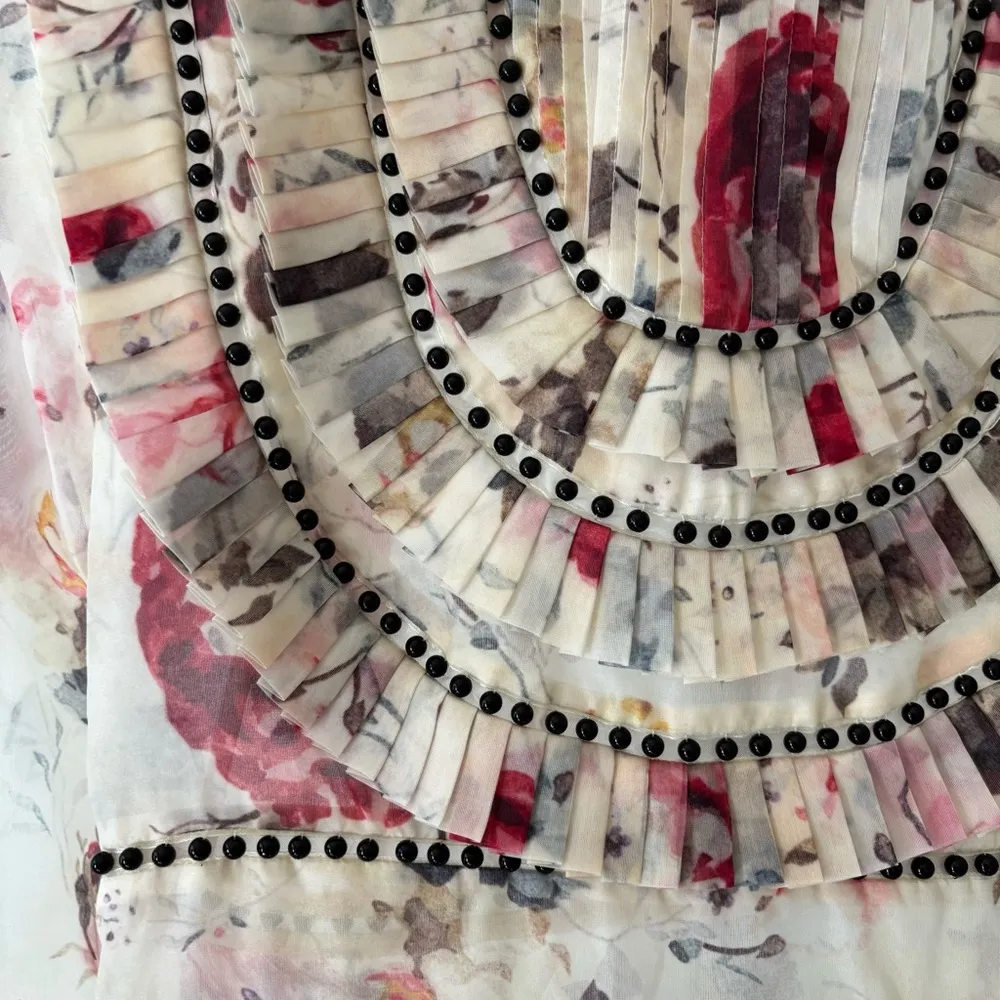 Cream and Red Floral Ruffle Blouse with High Collar - Image 2