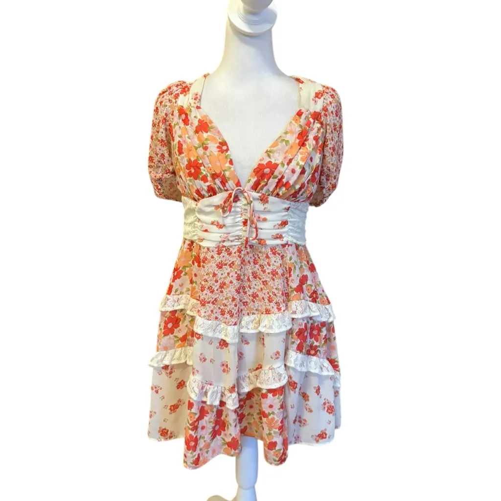 Altar’d State Aderny Patchwork Floral Mini Dress Tiered Short Sleeve Womens XL - Image 5