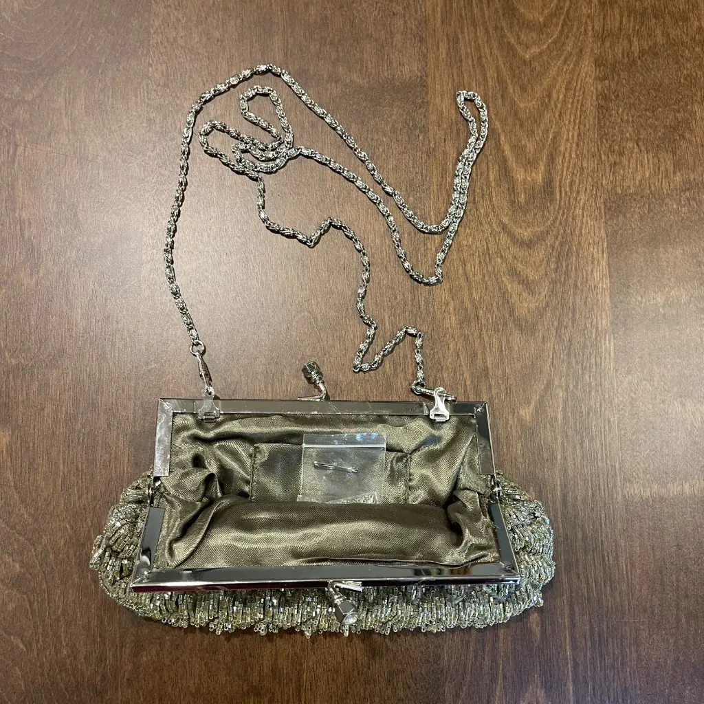Vintage Beaded Evening Clutch Shoulder Bag Olive, Silver Color Jeweled Kisslock Green - Image 9
