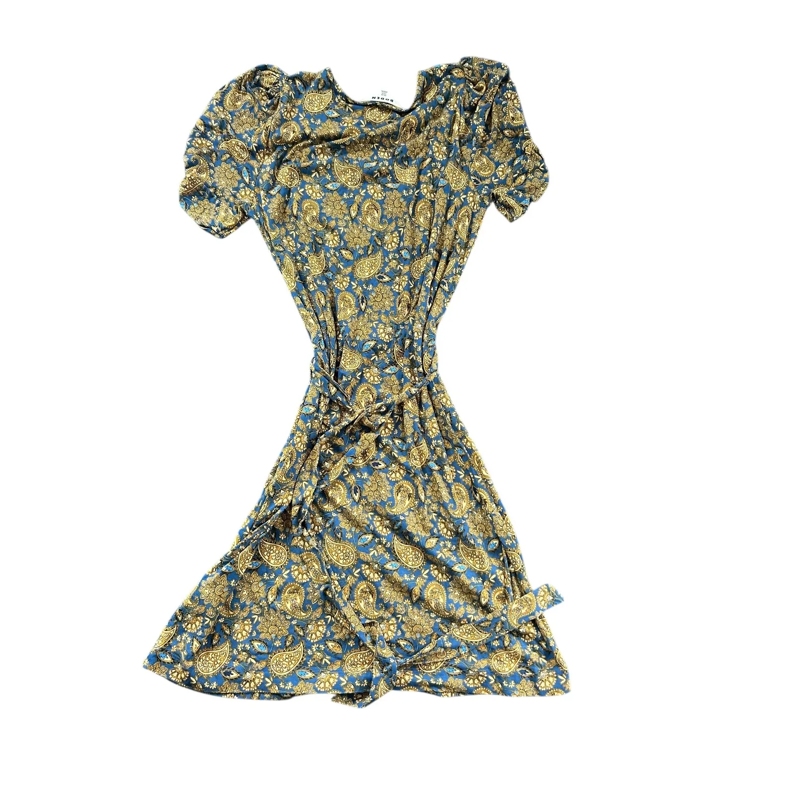 Boden Knot Detail Jersey Mini Dress Harvest Gold Paisley Terrace Women's Size 8R Blue - Image 9