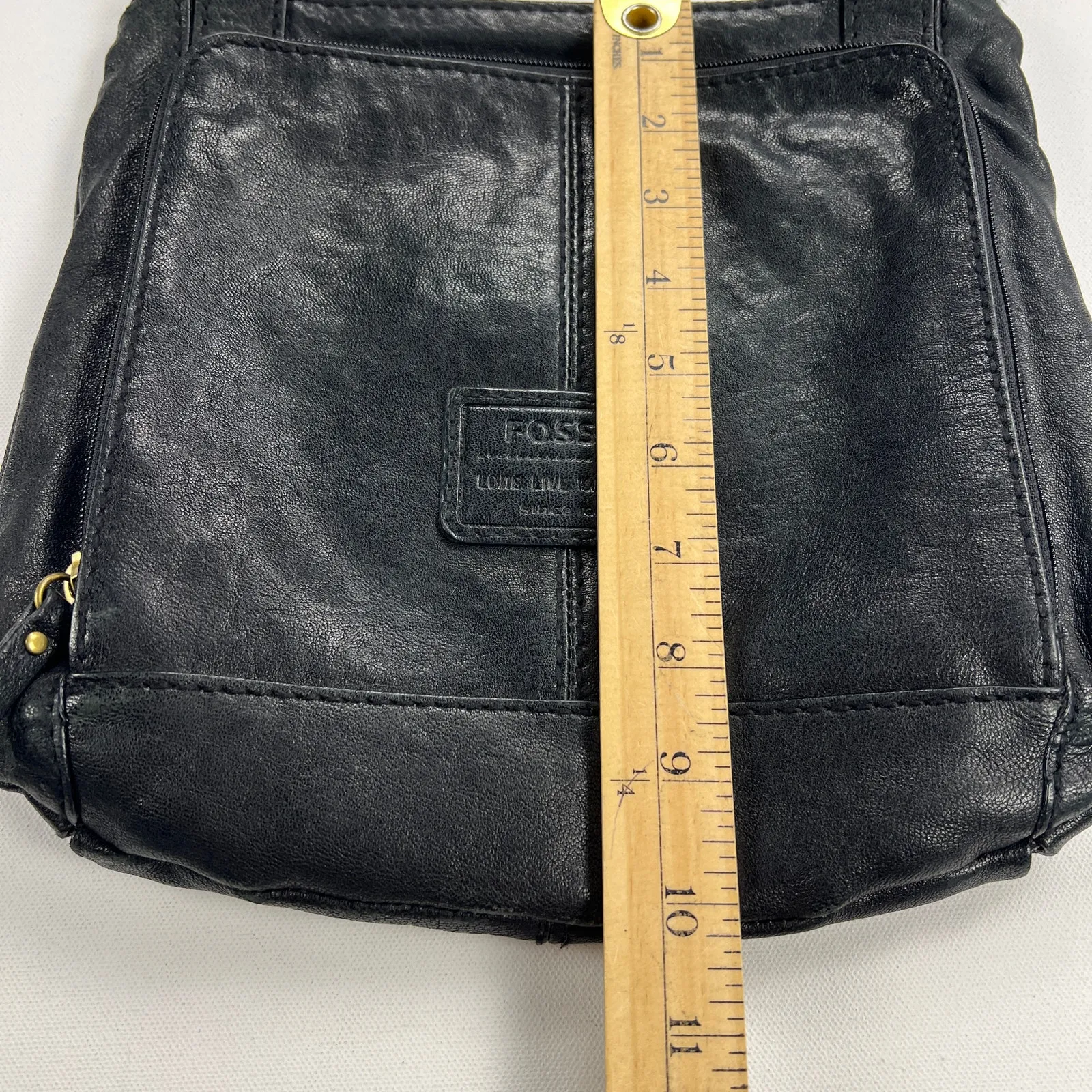 Fossil Black Leather Multipocket Crossbody Bag Handbag Purse Brass Hardware - Image 5