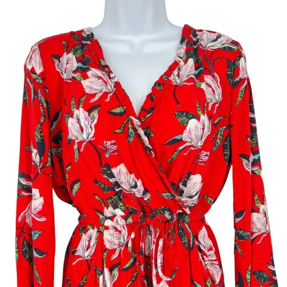 Roxy Red Floral Long-Sleeve V-neck Romper Size Small - Image 2