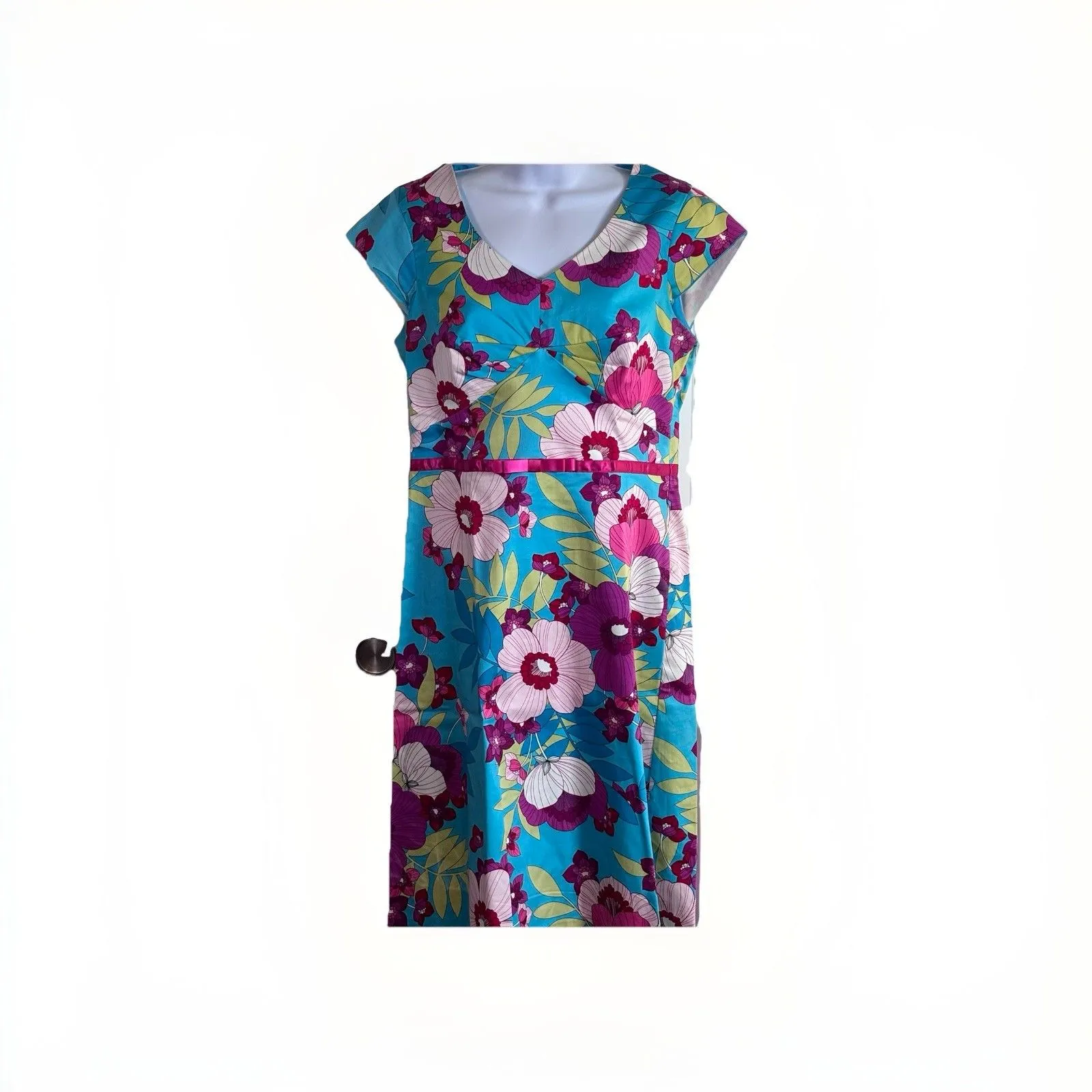 Sangria Floral Fit & Flare Dress Women’s Size 10 Blue Pink Tropical Cotton Stret - Image 2