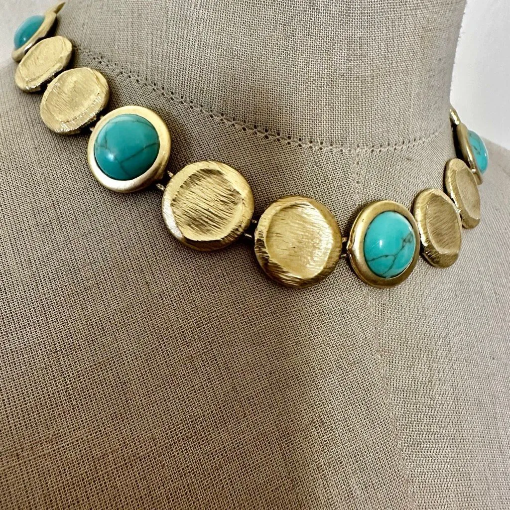 Gold Tone Disc & Turquoise Statement Choker Necklace - Image 2