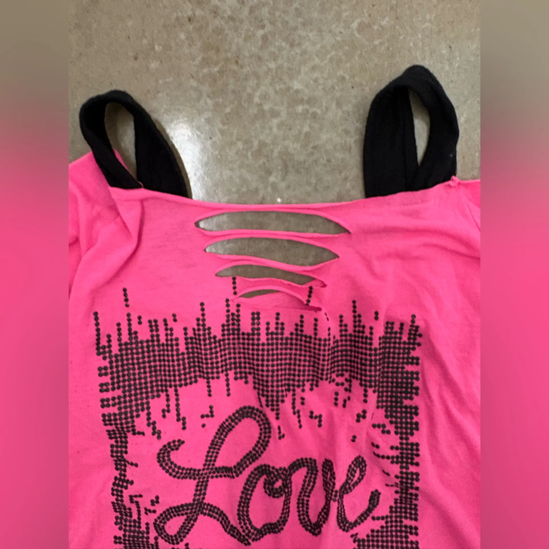 Hot Pink Strappy Top with Black Graphic Love Vibes XL - Image 3