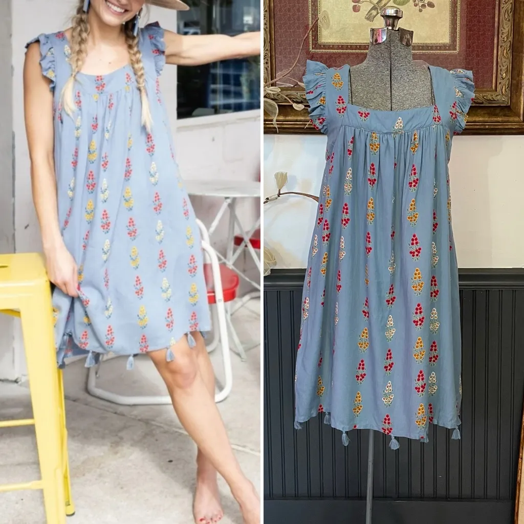 Sunshine Tienda x Tuckernuck Laura Blue Floral Tassel Mini Dress ~ Size XS/S🧡🎀 - Image 2