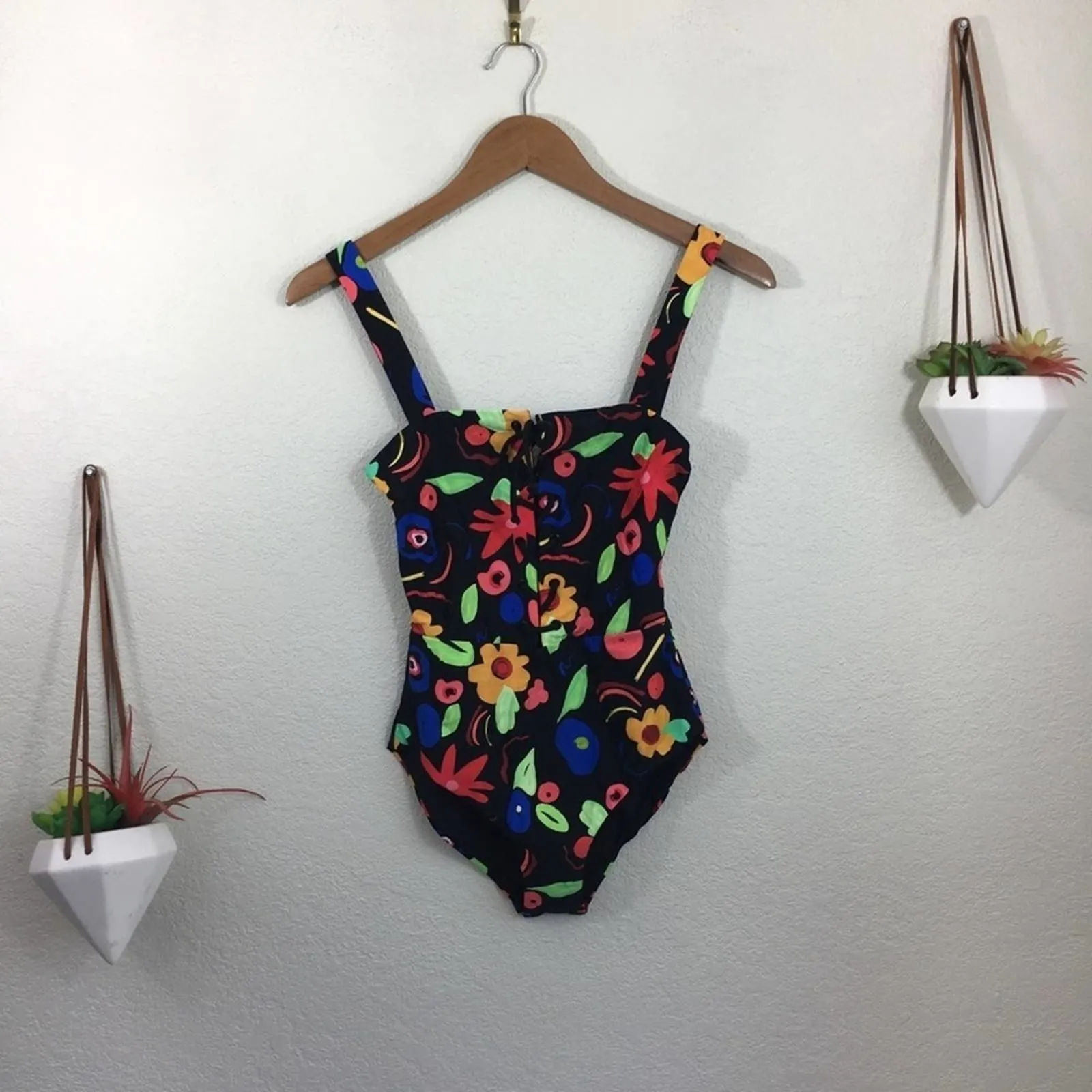 Onia Raquel black bright floral square neck lace up one piece swimsuit NEW XS - Image 3