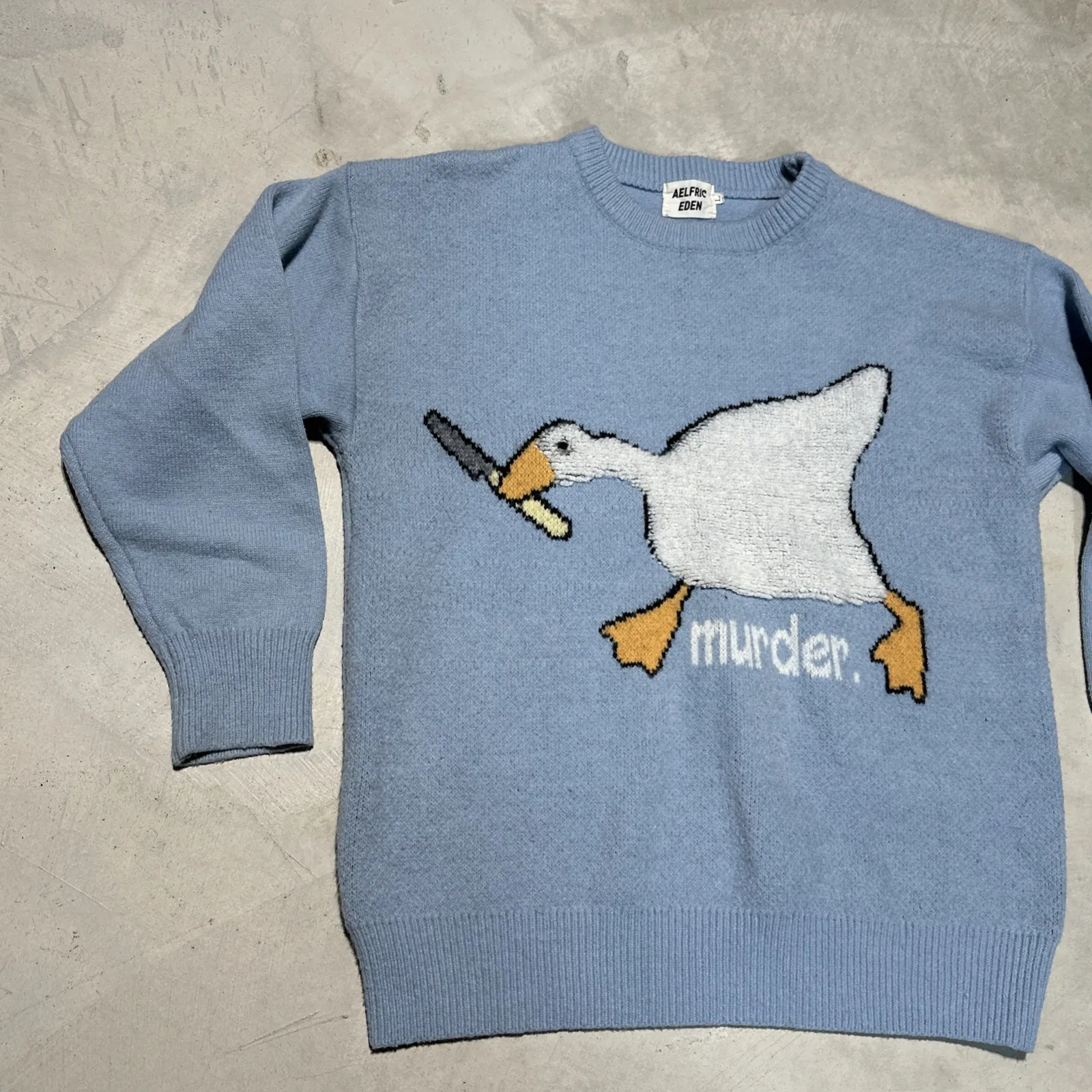 Aelfric Eden Murder Duck Goose Pattern Sweater Unisex SZ Large Blue Crewneck - Image 2