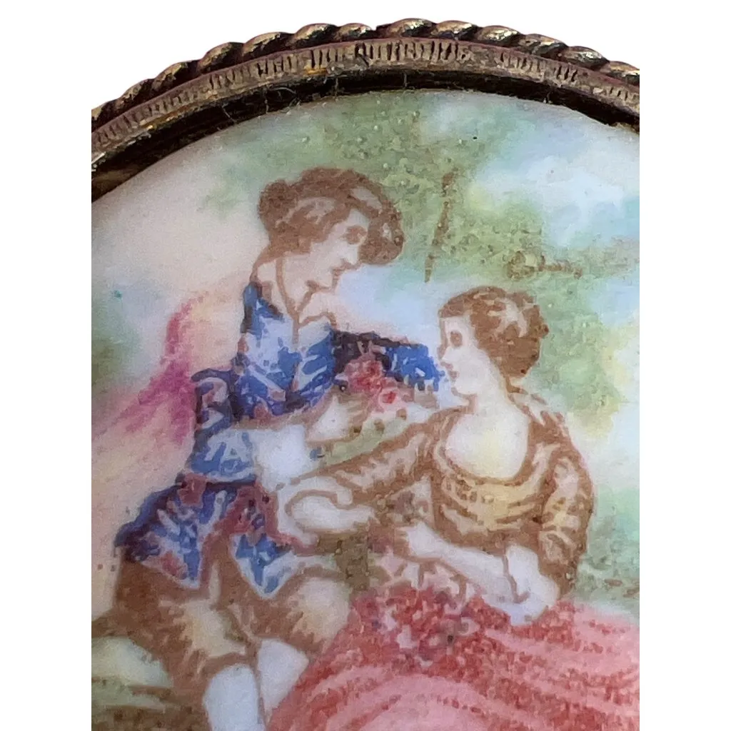 Vintage Porcelain Transferware Brooch Courting Couple Gold Tone Round Estate 1.5 Pink - Image 3