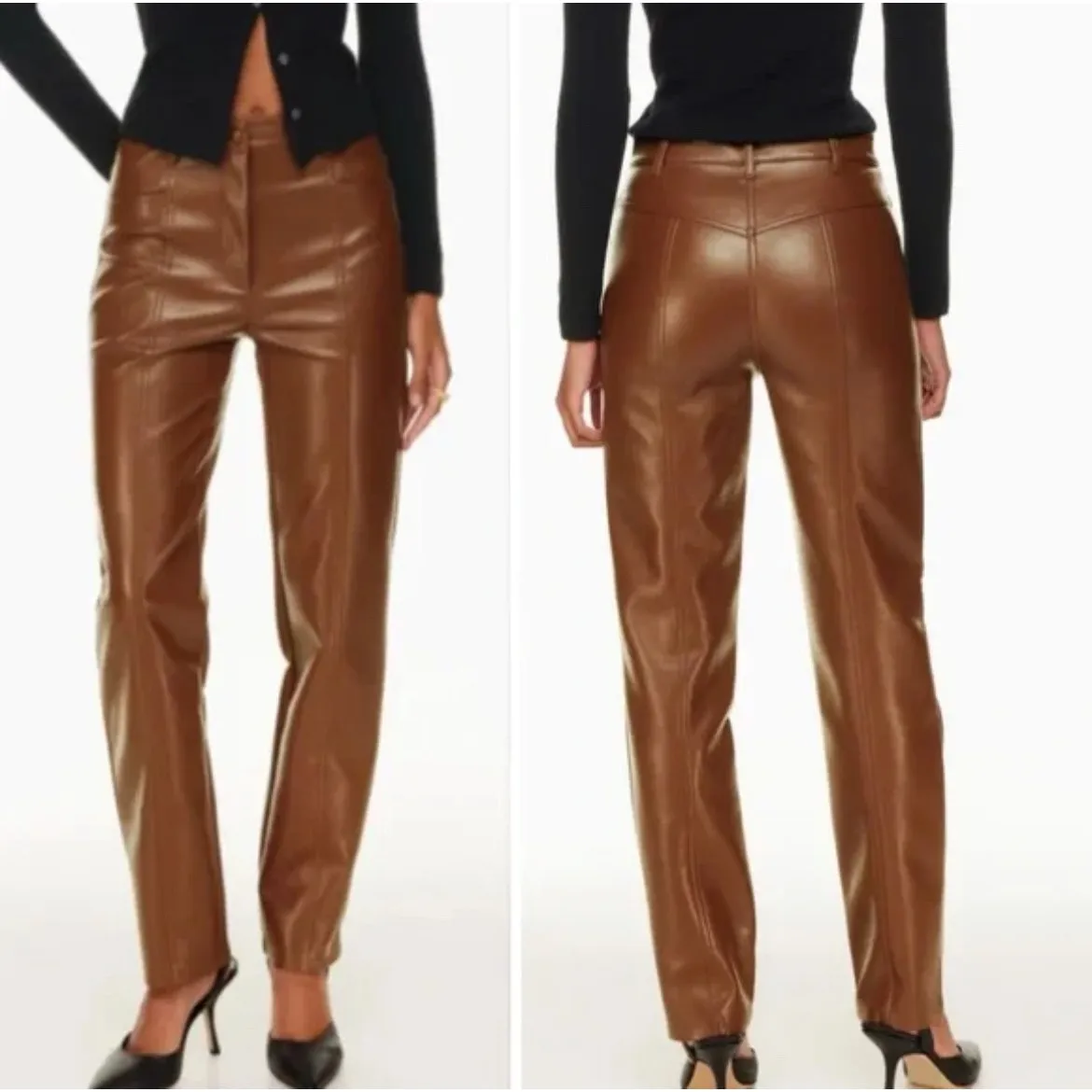 Aritzia Wilfred Rebel Vegan Faux Leather Chocolate Brown Straight Leg Pants - Image 2