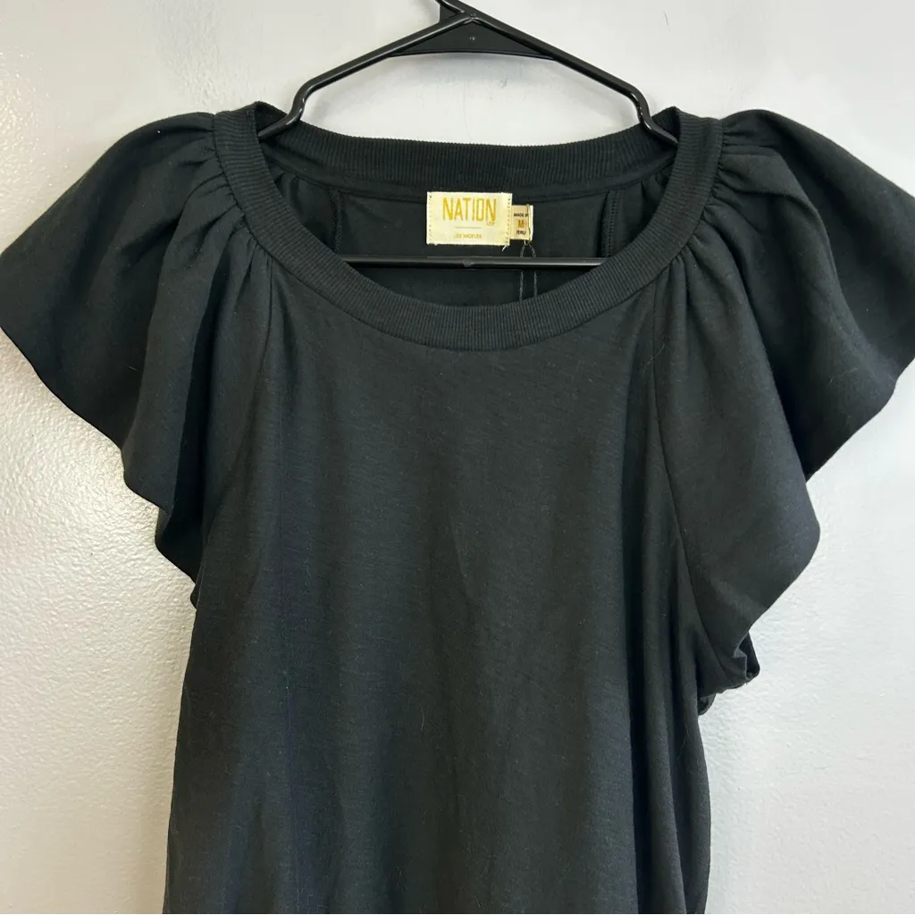 NWT Nation LTD Lorna Black Short Flutter Sleeve Pima Cotton Ruffle Top Medium - Image 3