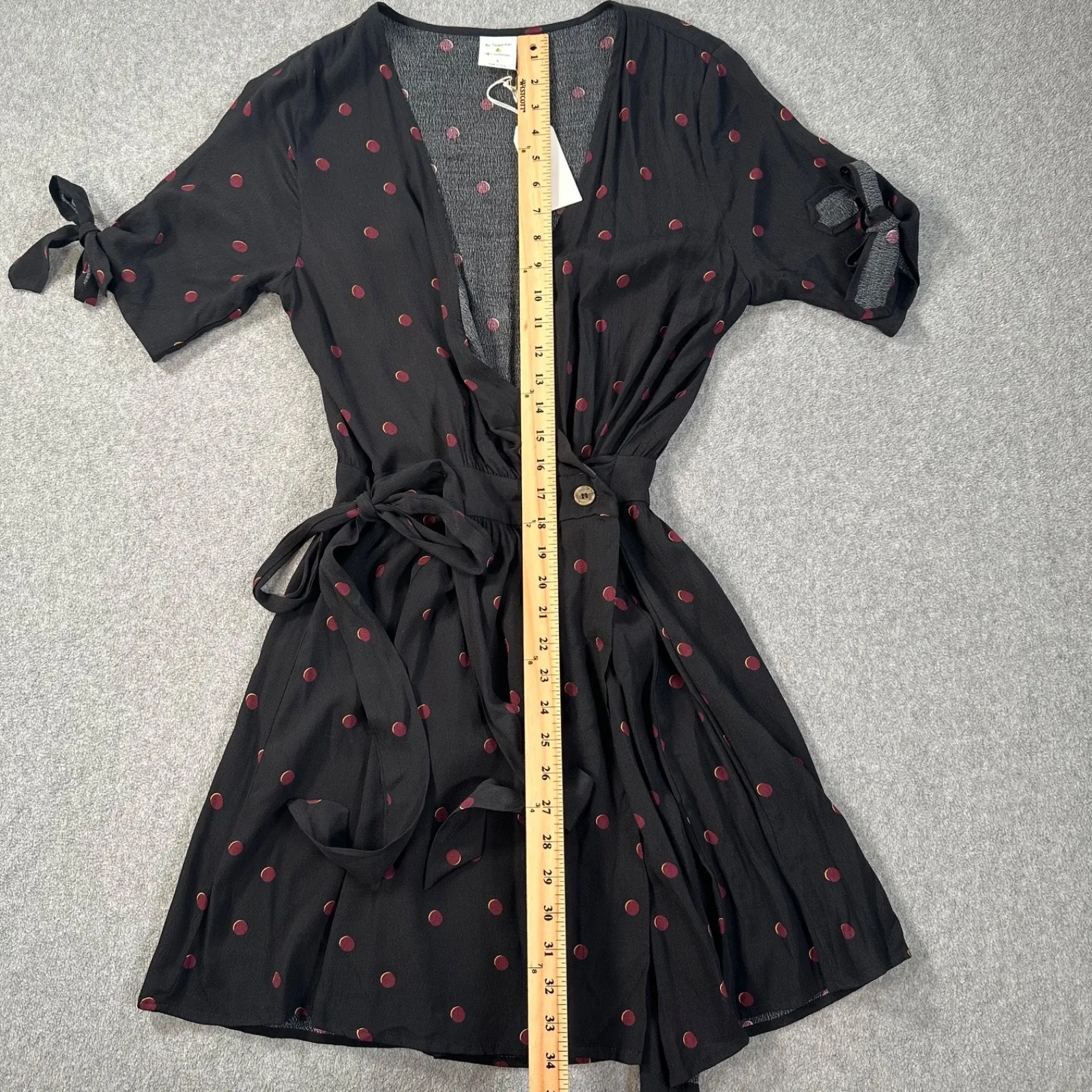 By Together Wrap Dress Women's Small Short Sleeve Bow Spotted Black V-Neck New - Image 7