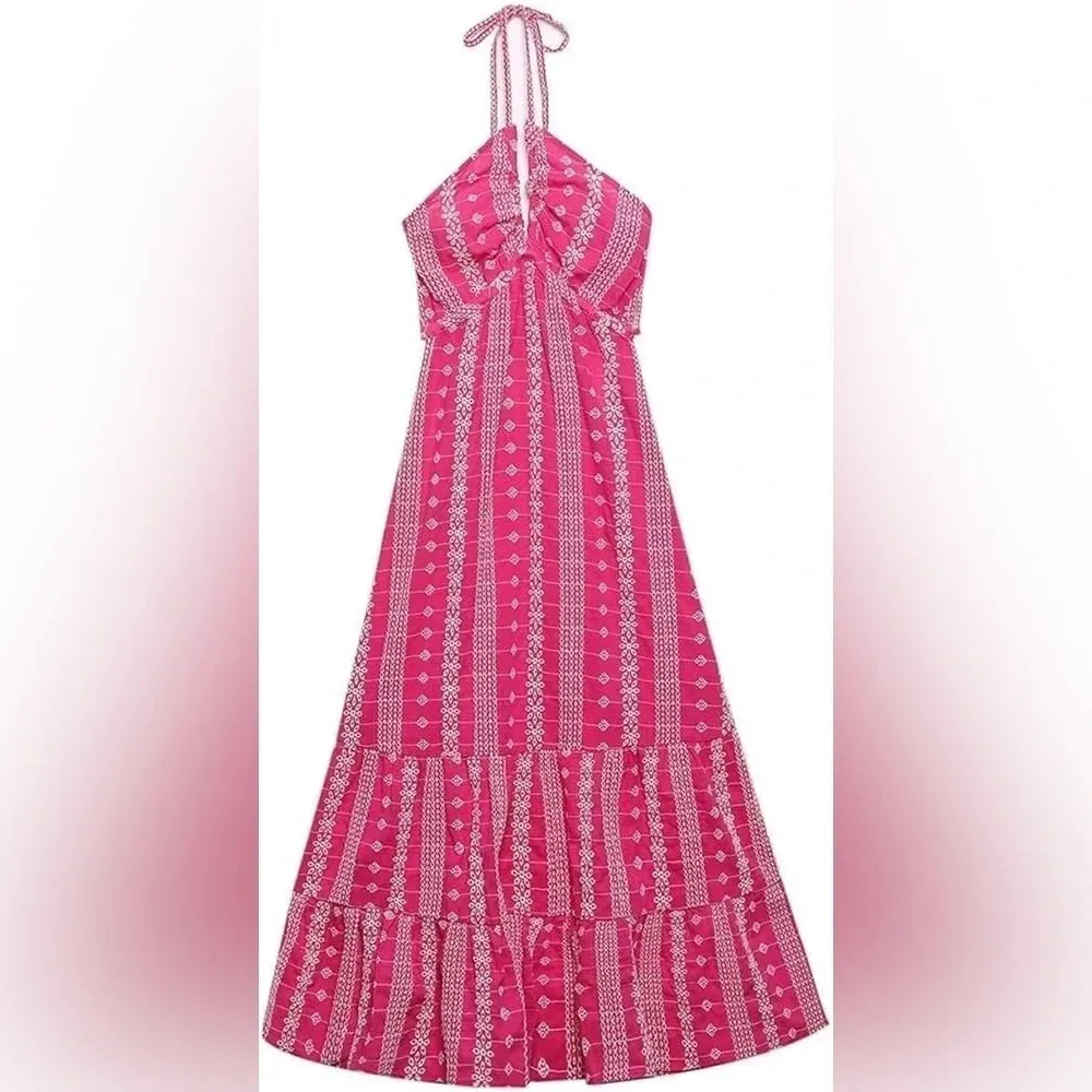 maxi dress embroidered Barbie pink halter CUTWORK OPEN BACK MIDI SUMMER - Image 8