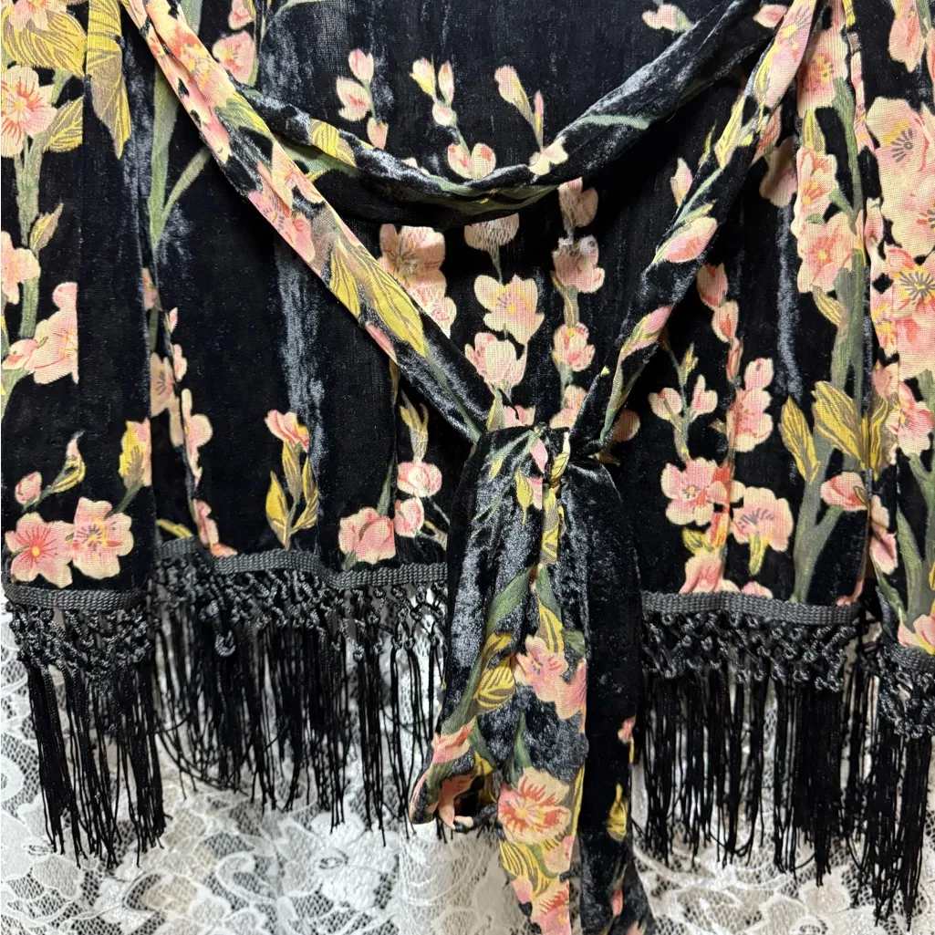 Lucy Paris Black Pink burnout velvet Floral duster robe chainette fringe sheer S - Image 9