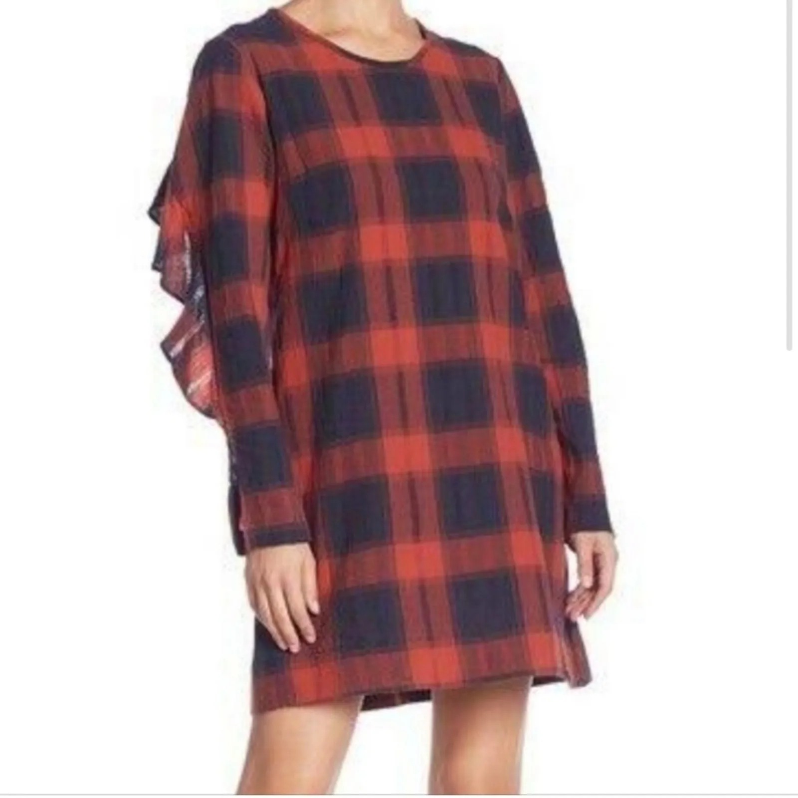 BCBGeneration Black and Orange Plaid Ruffle Log Sleeve Light Weight Dress Size S - Image 2