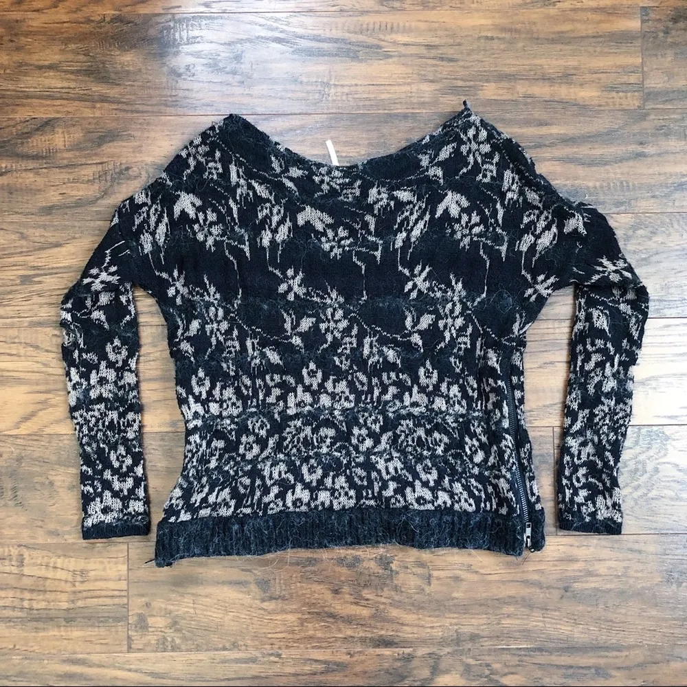 Free People • Floral Fields sweater black tan knit linen alpaca fuzzy zipper - Image 13