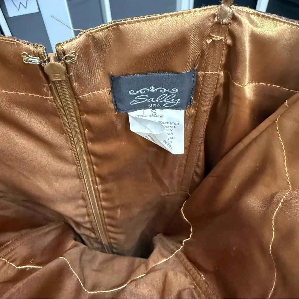 Sally USA Vintage Y2K Copper Satin Rhinestone Brown Strapless Formal Gown - Image 4