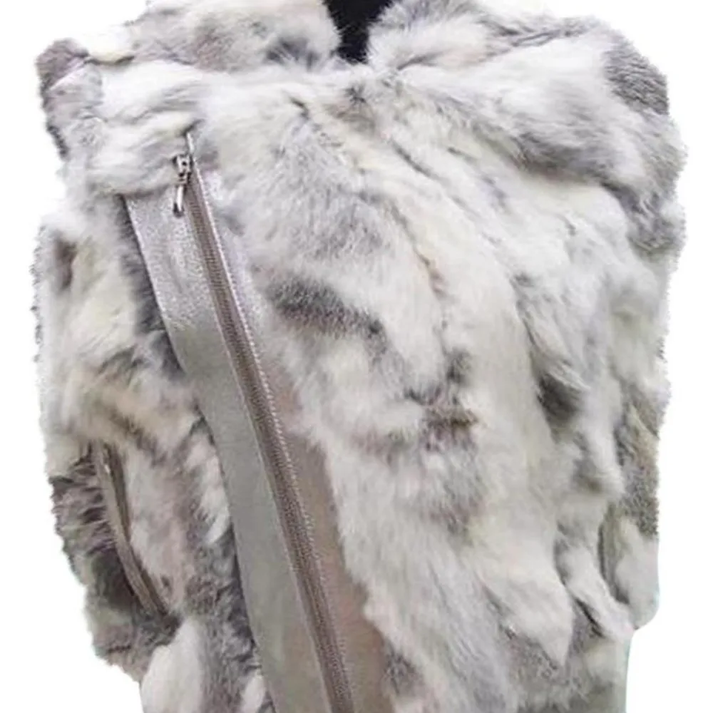 Cache Metallic Leather Fur Vest Diagonal Zipper Lined $278 NWT New Gray White - Image 2