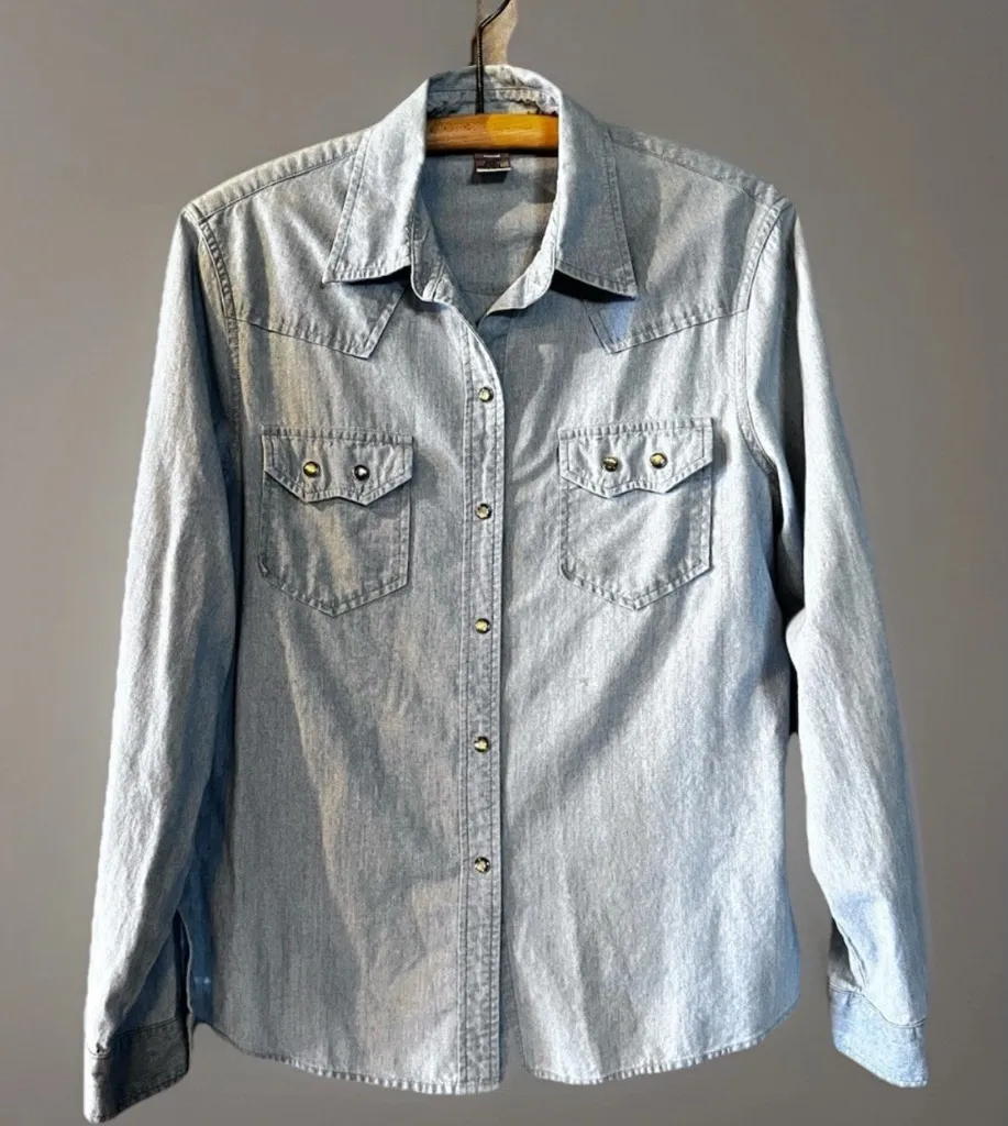 Evan Picone Pearl Snap Denim Jean Shirt Lg Western Rodeo Cowgirl Country Vintage - Image 1