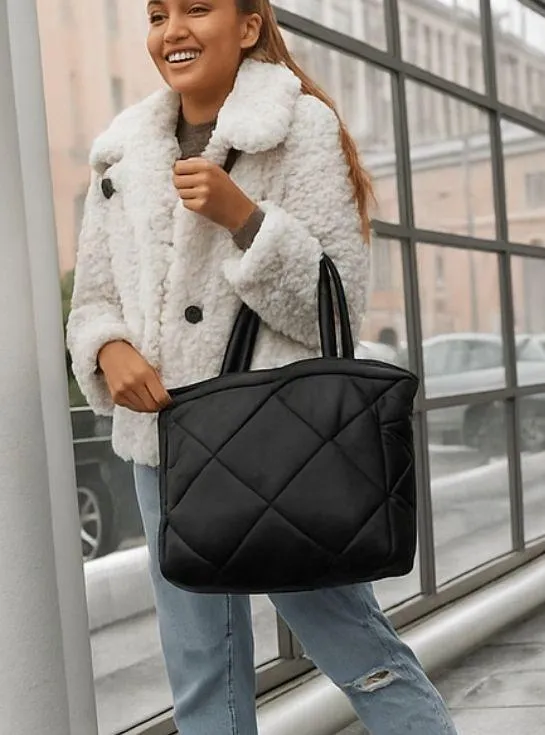 RINO & PELLE Puffer Faux Leather Quilted Shopper Tote Bag Black - Image 2