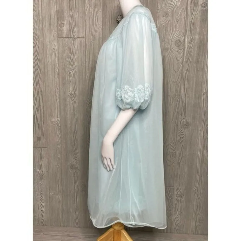 vintage 1950 kayser nightgown and robe set double layer tulle chiffon lace sleep Blue - Image 13