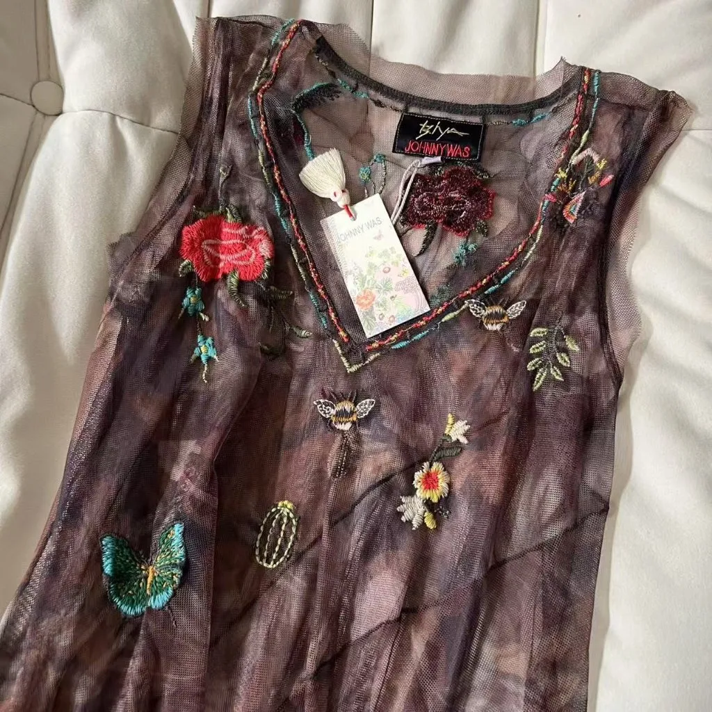 NWT $395 JOHNNY WAS BIYA Nyah Embroidered Mesh Maxi Tank Dress Size S - Image 3